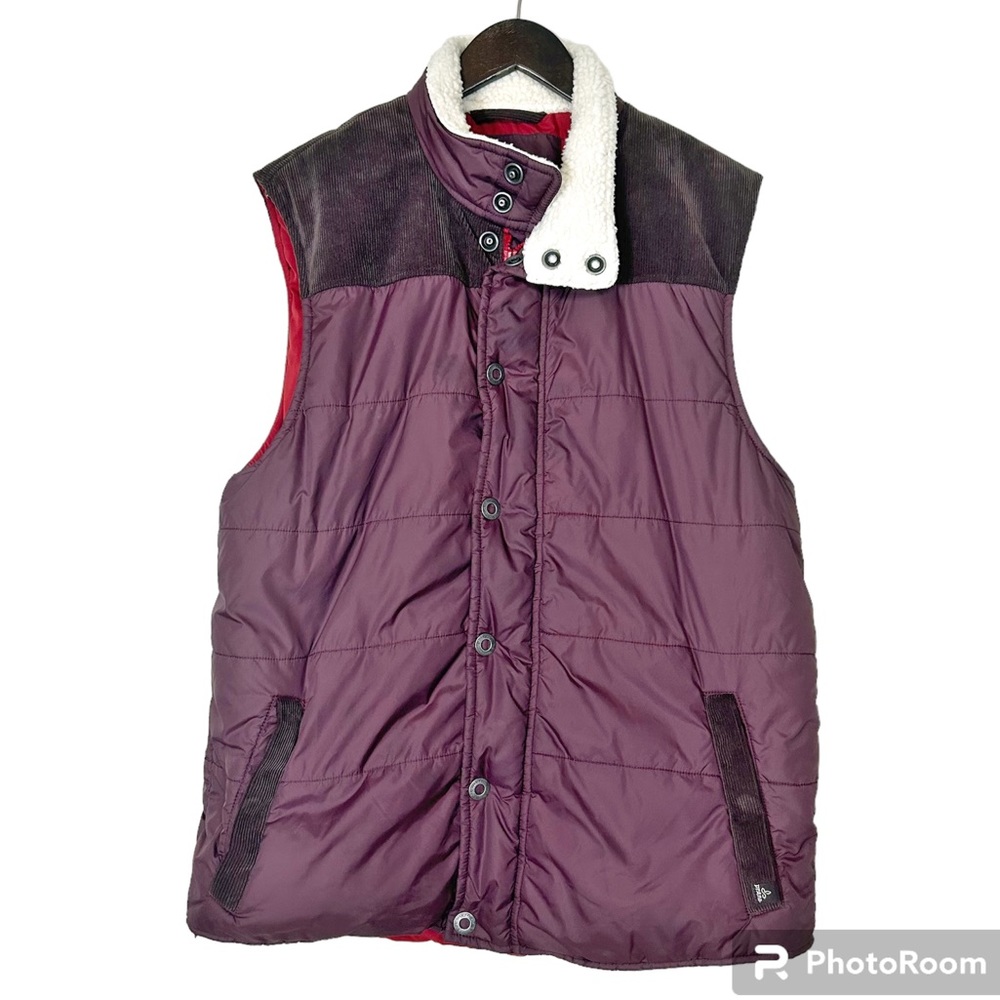 Prana Brown mahogany Puffer Waylen Vest faux shearling collar trim